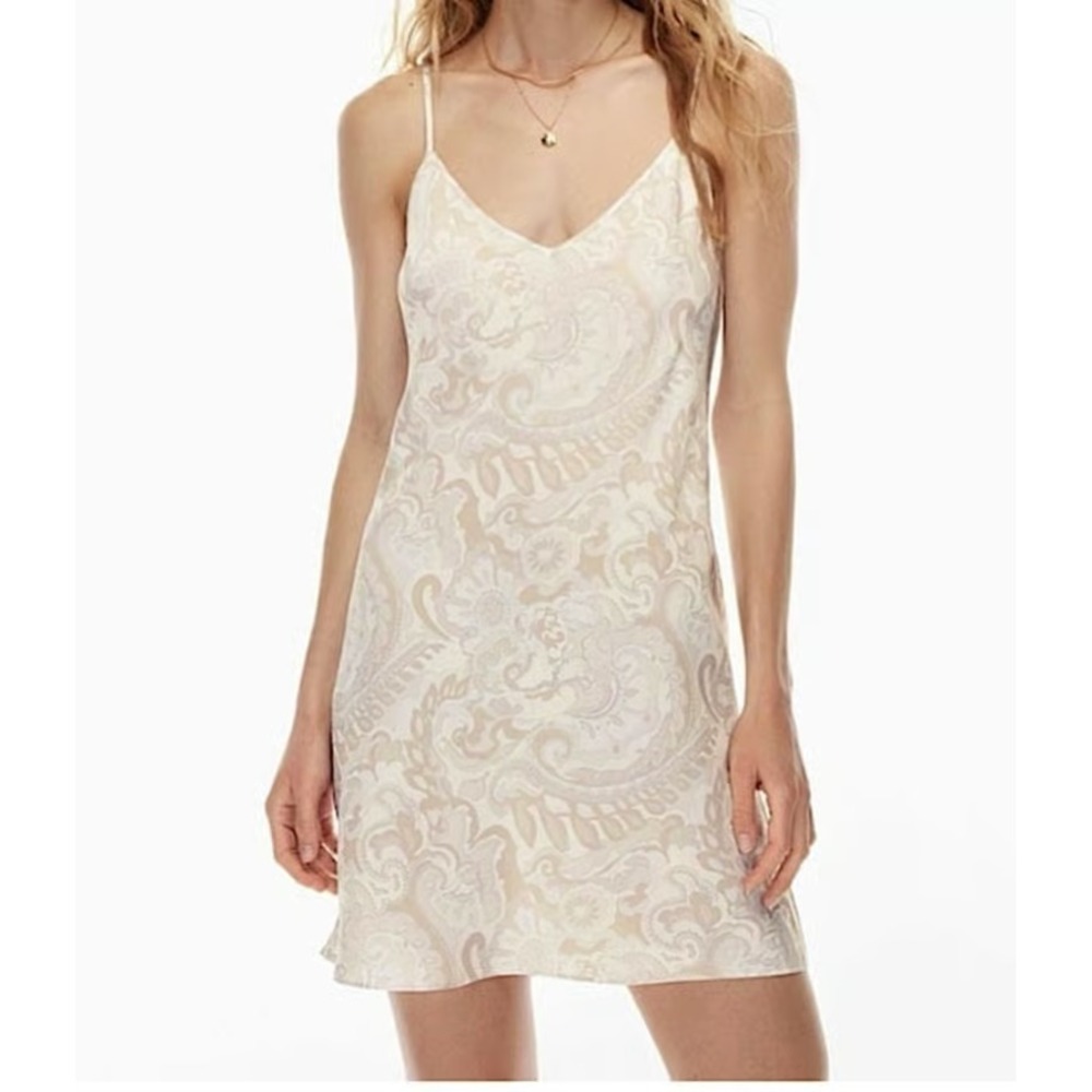 Aritzia Wilfred Mini Slip Dress Womens XL Satin Neutral Paisley Boho Western